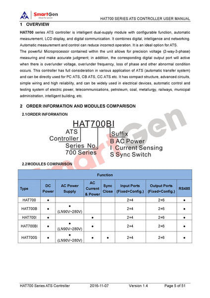 SmartGen HAT700S Dual Power ATS Controller