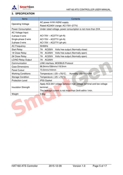SMARTGEN HAT160 Dual Power ATS Controller