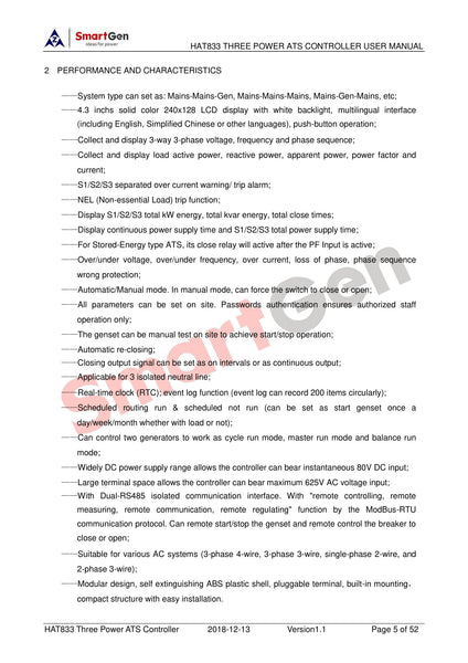 SmartGen HAT833 Three Power ATS controller