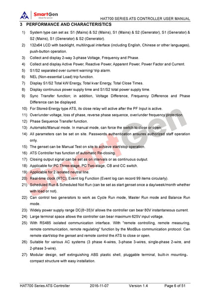 SmartGen HAT700S Dual Power ATS Controller