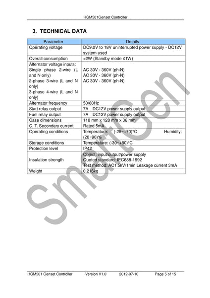 SmartGen HGM501 Manual Start Generator Controller