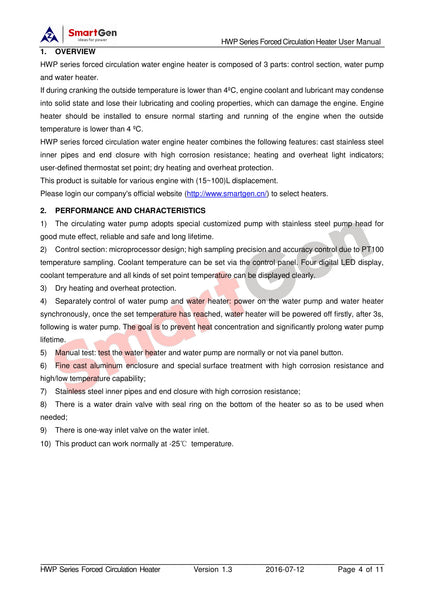 SmartGen HWP60 Engine Heater, for various engine with (35~50) L displacement