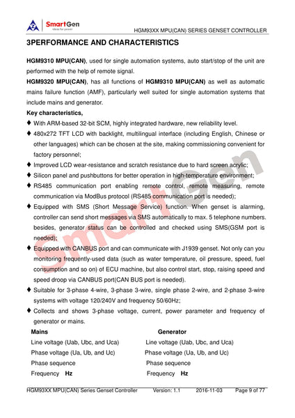 SmartGen HGM9310MPU Single Unit Self-start Genset Controller