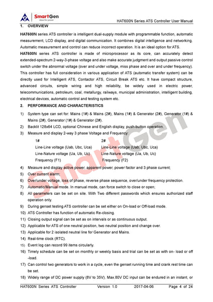 SmartGen HAT600N Dual Power ATS Controller