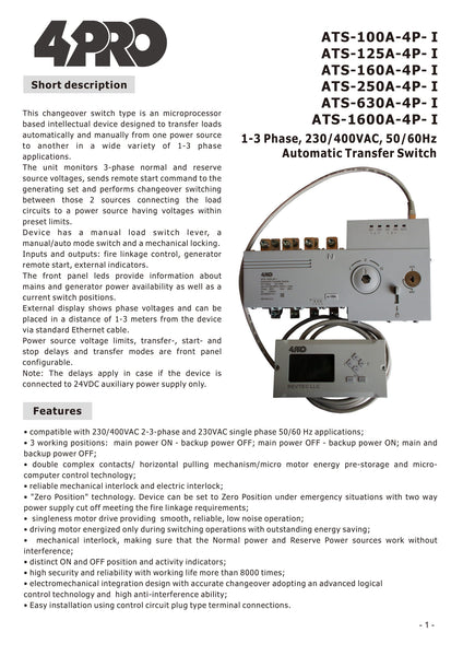 4PRO ATS-630A-4P-i Automatic Transfer Changeover Switch, 630A, 230/400V, 50Hz