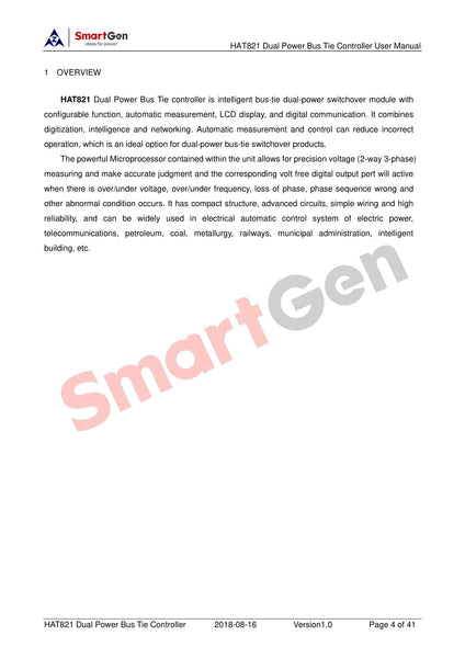 SmartGen HAT821 Dual Power Bus Tie controller