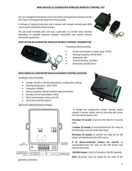4PRO WT433-02 Generator Wireless Remote Control Transmitter