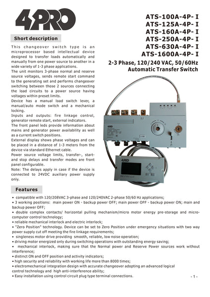 4PRO ATS-630A-4P-i Automatic Transfer Changeover Switch, 630A, 120/208V, 60Hz