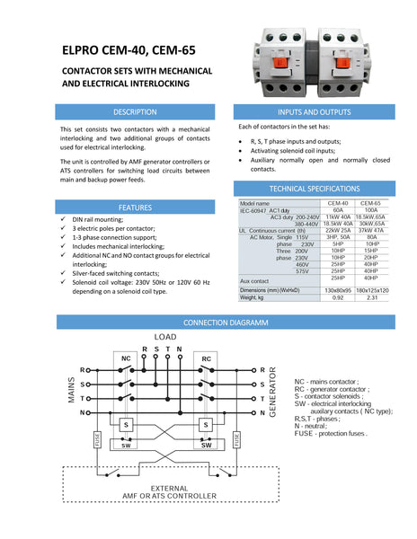 ELPRO CEM-65 Contactor Set, 3P 65A 120/208V 50-60Hz