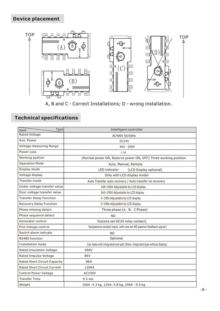 4PRO ATS-250A-4P-i Automatic Transfer Changeover Switch, 250A, 120/208 ...