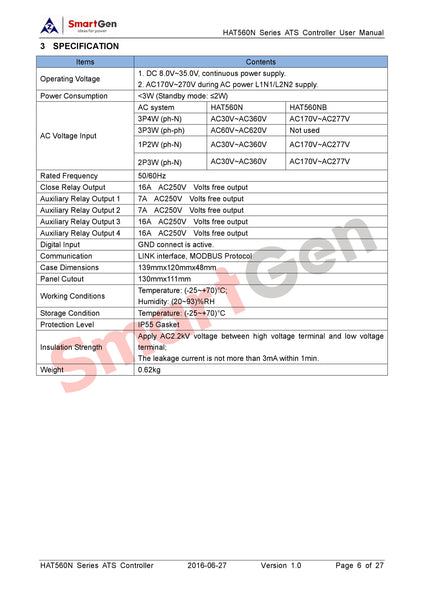 SMARTGEN HAT560NB Dual Power ATS Controller