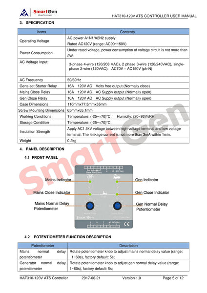 SMARTGEN HAT310 Dual Power ATS Controller 230/400 VAC