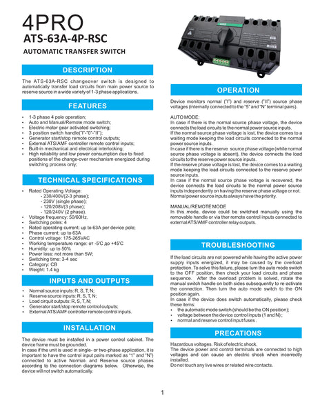 4PRO ATS-63A-4P-RSC 230V Automatic Changeover Switch 50-60Hz, 1-3 phase, 3 pos.